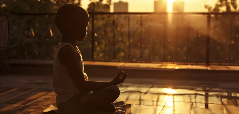 Niño meditando al atardecer en un balcón, con la luz dorada del sol reflejándose en el suelo. La escena transmite calma y serenidad en un entorno urbano.