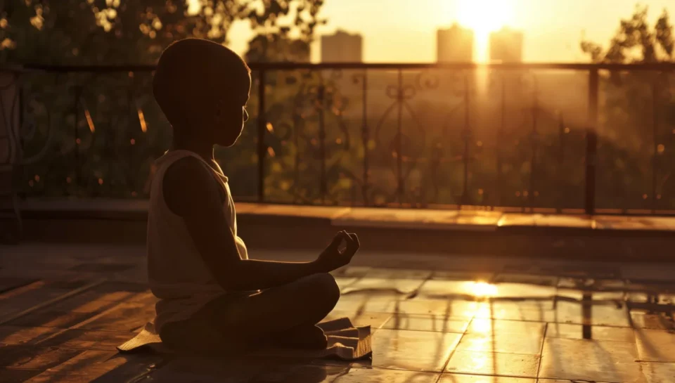 Niño meditando al atardecer en un balcón, con la luz dorada del sol reflejándose en el suelo. La escena transmite calma y serenidad en un entorno urbano.