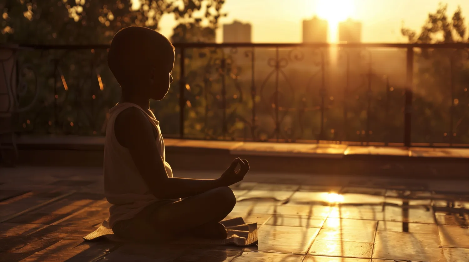 Niño meditando al atardecer en un balcón, con la luz dorada del sol reflejándose en el suelo. La escena transmite calma y serenidad en un entorno urbano.