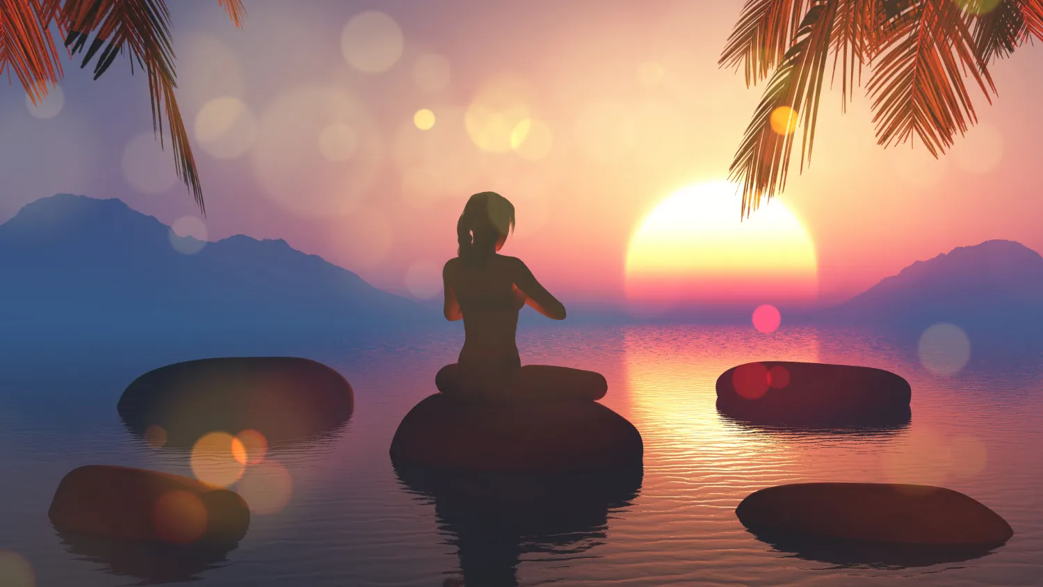 Mujer meditando en una roca sobre el agua, con un atardecer colorido y montañas al fondo. La escena transmite calma y paz, rodeada de palmeras y reflejos de luz.