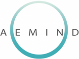 Logo de AEMIND, que representa innovación y tecnología en el ámbito de la salud mental. Diseño moderno con un círculo y letras en tonos gris y azul.